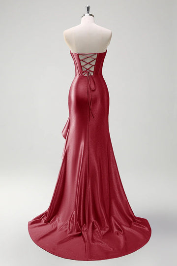 Sparkly Burgundy Mermaid Strapless Ruffled Corset Satin Long Formal Dress with Slit